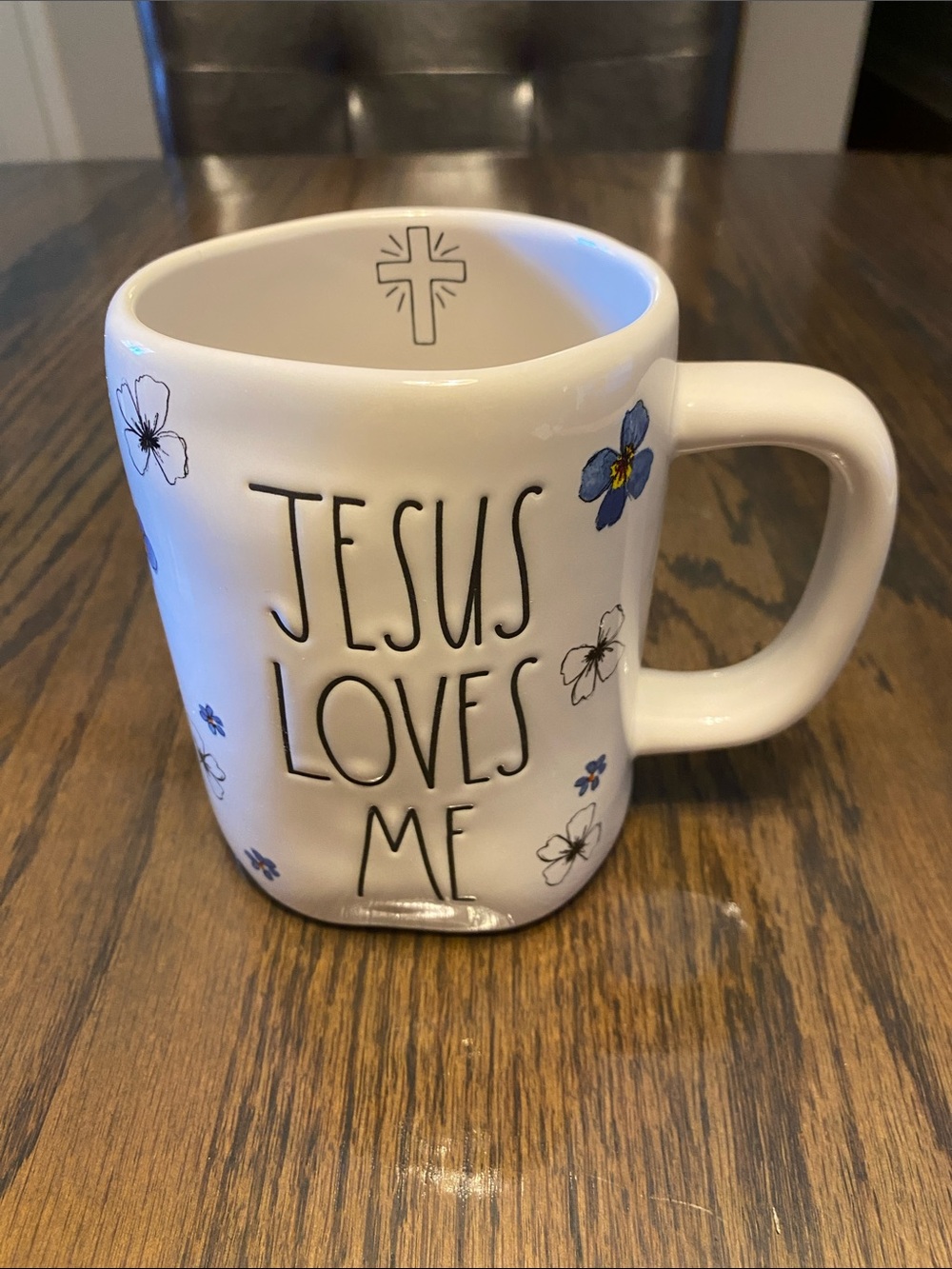 Rae Dunn White Ceramic Mug with Blue Floral Accents